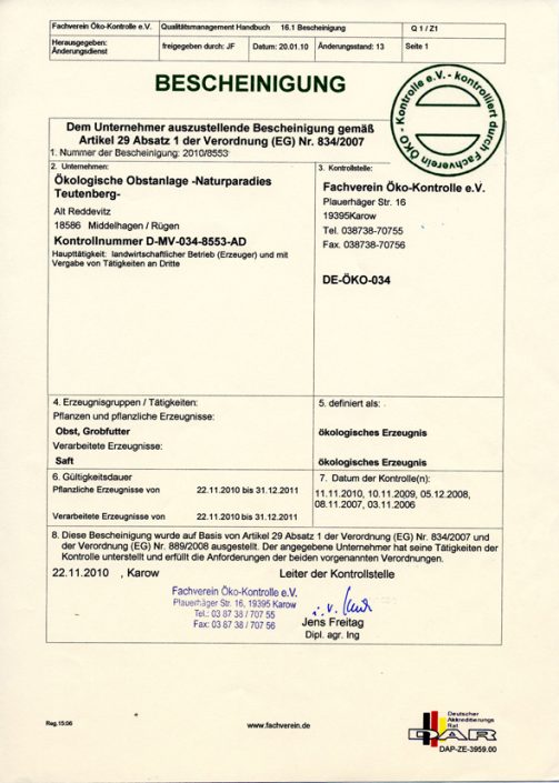 Öko-Zertifikat 2010